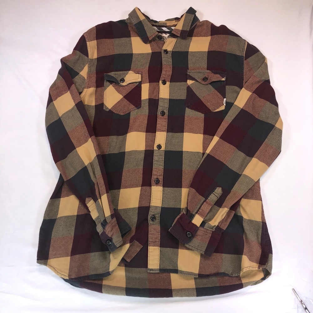Vans Off The Wall Mens XXL Flannel Shirt Plaid Button Down Burgundy Yellow